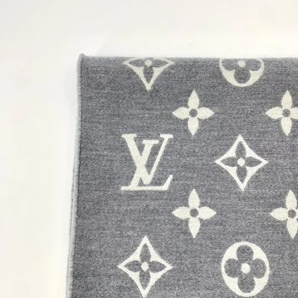 Louis Vuitton Grey Monogram Wool Fringe Scarf - Picture 2 of 9